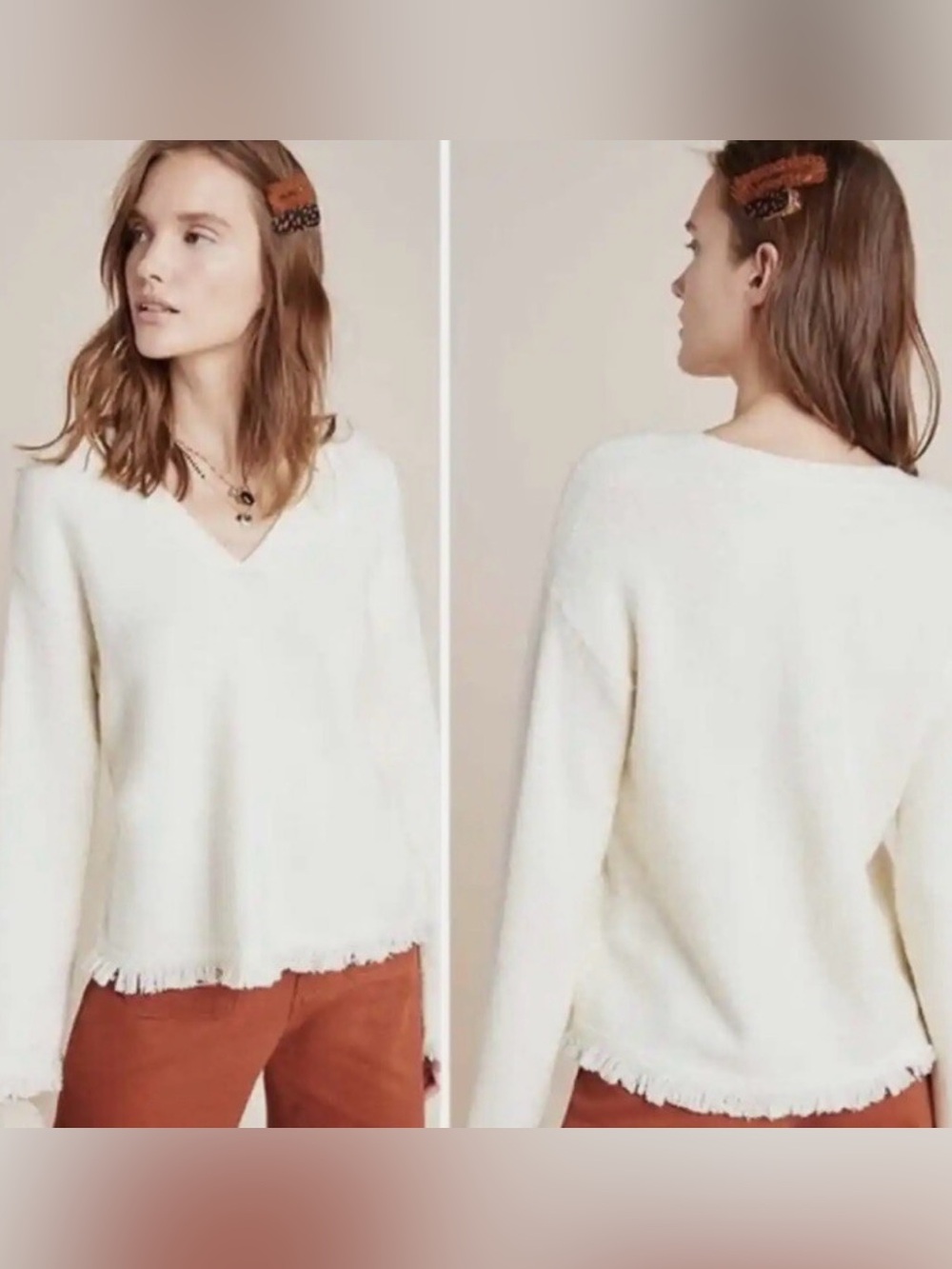Anthropologie Joy Fringe Sweater cream wool blend quiet luxury boho 1X